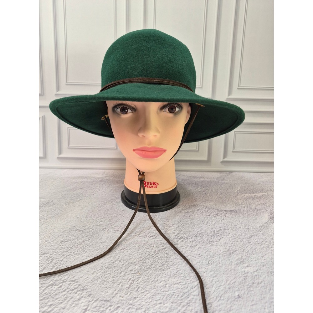 Smith & Hawken Green Wool Felt Wide Brim Hat Leather Chin Strap Adjustable